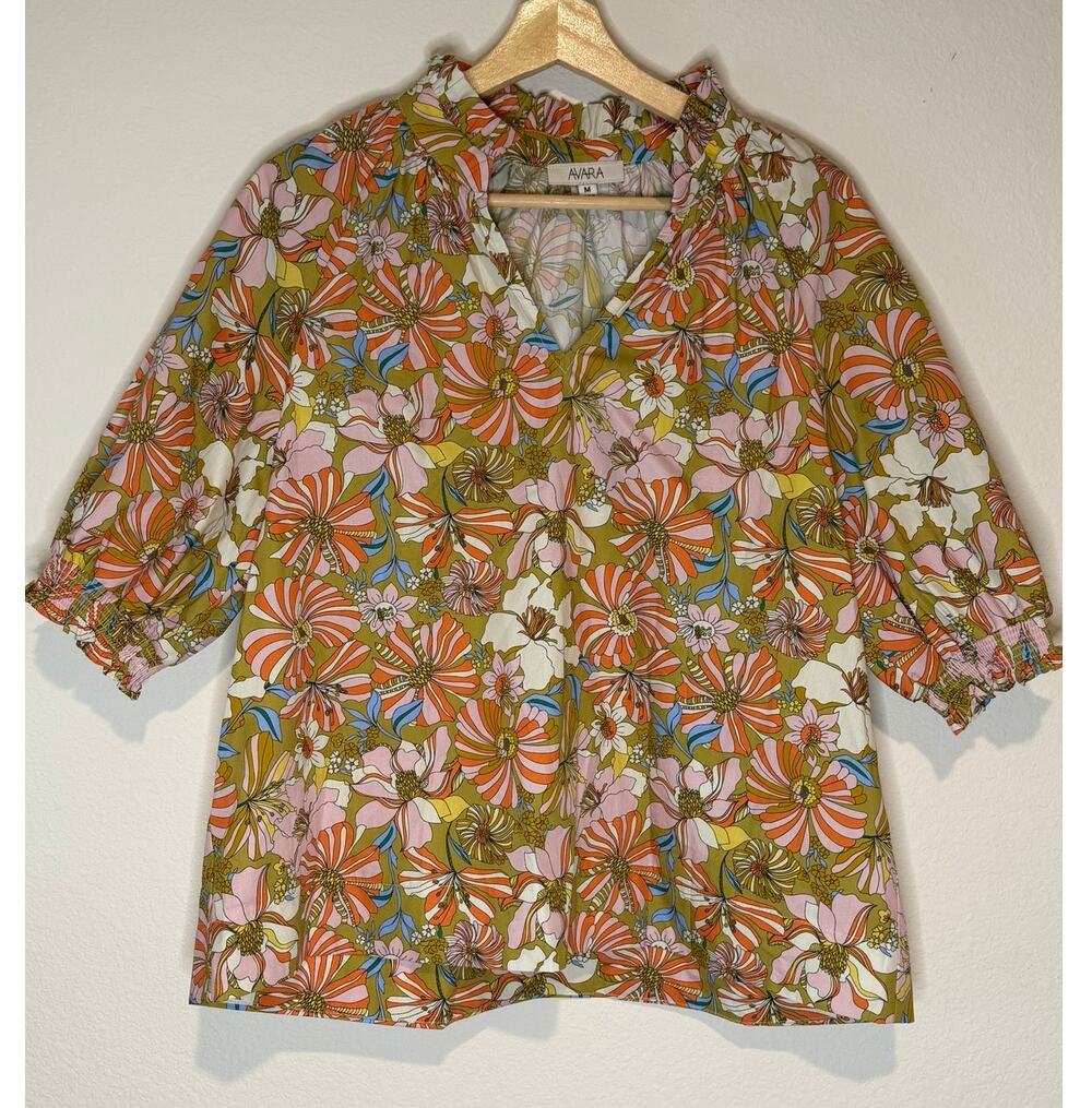 Avara Melanie Floral Print Puff Sleeve Top Size M Retro 70s Blouse Ruffle Neck